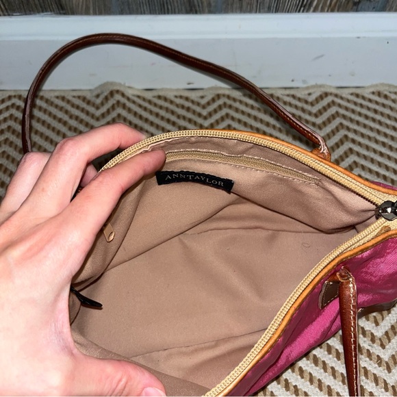 Ann Taylor Y2K brown leather and pink canvas zip top small purse - Picture 7 of 9